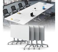 Conference Table, Modern Foldable Conference Room Table, Large Rectangular White Meeting Flip Top Desk, Seminar Desk with Silent Wheels for Office, Classroom (4Pack 55.1in)