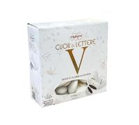 Confetti CRISPO a forma di Cuore con STAMPA Lettera 'V' 250 gr Bianco.