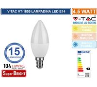 CONFEZIONE 15 PEZZI V-TAC VT-1855 LAMPADINA LED E14 4,5W CANDELA 470 LUMEN 180° [EEK: F]