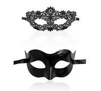 Confezione 2 maschere ballo coppie, 1 motivo fenice, 1 stile classico nero, pizzo, adatto feste eleganti e sexy, carnevale Venezia, mascherata, maschera misteriosa benda, uomini e donne (combo A)