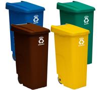 Confezione 4 contenitori per il riciclaggio - Bidone Wellhome Recycle 110L/cad. chiuso: Blu (carta e cartone)- Verde (vetro)- Marrone (organico)- Giallo (plastica)
