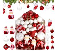 Confezione 72 Palline di Natale Diametro 2/3/4/6 cm, Decorazioni per Albero di Natale, con Traforo/Opaco/Lucido/Glitter, Palle Natalizie per Natale, Feste, Matrimoni (Red+White)
