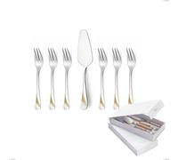 Confezione a libro 7 pezzi, forchettine più paletta dolce Milano Inciso Oro , 18/10 (AISI304) finitura inox lucido e oro, spessore 2,5 mm cromo