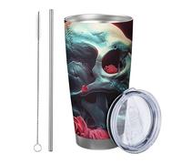 Confezione da 1 bicchiere a forma di rosa, romantico, glitterato, con foglie di fiori, luna, cielo notturno, rosso, grigio, in metallo, isolato, riutilizzabile, senza fuoriuscite, infrangibile, per