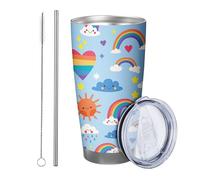 Confezione da 1 bicchiere arcobaleno a forma di cuore con bel cartone animato, sole, nuvola, stella, blu pioggia, rosso, verniciato a polvere, caldo e freddo, senza fuoriuscite, riutilizzabile, scuola