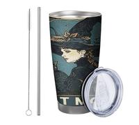 Confezione da 1 bicchiere da strega vintage con cappello magico con foglie blu nero giallo metallo riutilizzabile senza fuoriuscite infrangibile cortile all'aperto picnic palestra con cannuccia