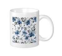 Confezione da 1 tazza con stampa floreale blu e pittura a inchiostro, grazioso fiore artistico botanico foglie blu verde scuro ceramica leggera collezione soggiorno laboratorio esterno con manici 325