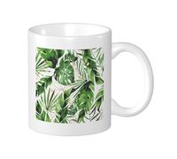 Confezione da 1 tazza con stampa tropicale con foglie ad acquerello, disegni artistici, linee verdi e bianche, in ceramica, non versabili, per cucina, scuola, ufficio, camera da letto, con manici