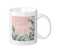 Confezione da 1 tazza con stampa tropicale con parole artistiche, piante botaniche, foglie, design alla moda, rosa, verde chiaro, ceramica, leggera, collezione soggiorno, laboratorio, esterno, ufficio