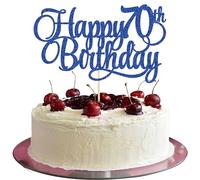 Confezione da 1 topper per torta con scritta "Happy 70th Birthday", blu glitterato, numero 70, settant'anni, decorazione per torta di compleanno per 70° compleanno, anniversario, forniture per feste
