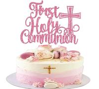 Confezione da 1 topper per torta per Prima Comunione, con croce glitterata, decorazione per torte religiose con scritta in lingua inglese "God Bless", per baby shower, tema religioso, per feste di