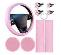 Confezione da 10 accessori per interni auto in pelle rosa, coprivolante, cuscinetti per cinture di sicurezza, sottobicchieri, clip per bocchetta dell'aria a fiore e adesivo per pulsante di avviamento