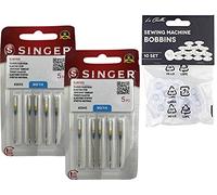 Confezione da 10 aghi per macchine da cucire Singer 2045, spessore 90/14, per tessuti Jersey (SUK) elastici e di punto (stretch) 130/705 (Talone piatto da un lato) universali + 10 anelli trasparenti