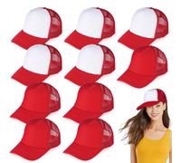 Confezione da 10 cappellini snapback in rete vuota a sublimazione, cappelli da baseball unisex, pannello frontale in poliestere, cappelli da camionista regolabili in due tonalità rosso/bianco