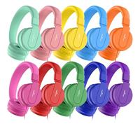 Confezione da 10 cuffie per bambini, per studenti di età superiore ai 12 anni, volume limitato di 93 dB, con microfono, jack resistente da 3,5 mm, per computer da biblioteca (colori misti)