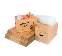 Confezione da 10 scatole di cartone con manici 50 x 30 x 30 cm, 10 scatole cartone con manici 43 x 30 x 25 cm, 1 rotolo di plastica bolle, 2 nastro adesivo per imballare, 10 etichette fragili e 20 identificativi