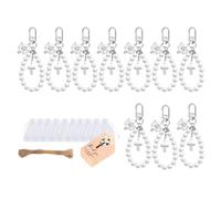 Confezione da 10 set di portachiavi con perle e croci con etichette di ringraziamento e sacchetti in organza per matrimoni, baby shower, battesimi, feste, bomboniere, croci, portachiavi con