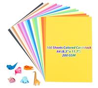 Confezione da 100 cartoncini multicolore formato A4, 200 g/m², 20 x 29,7 cm, 20 colori vivaci per origami, stampa, album di ritagli, fai da te