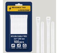 Confezione da 100 fascette riutilizzabili in plastica spessa e resistente, bianche, resistenti, in nylon, grandi, staccabili, 250 x 4,8 mm