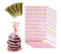 Confezione da 100 sacchetti di cellophane rosa per alimenti, con laccetti richiudibili, per popcorn, biscotti, dessert e feste di compleanno