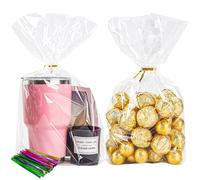 Confezione da 100 sacchetti in cellophane trasparente con fondo piatto, con 100 lacci intrecciati, per caramelle, popcorn, biscotti, piccole confezioni regalo (20 x 28 x 8 cm)