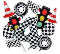Confezione da 11 decorazioni compleanno auto, palloncino foil compleanno auto, bandiere e pneumatici palloncino corsa auto, palloncini compleanno auto da corsa 4 anni festa ragazzo