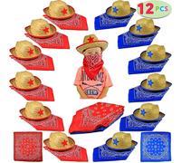 Confezione da 12 cappelli da cowboy in paglia per bambini JOYIN con bandane da cowboy (6 rossi e 6 blu) come bomboniere