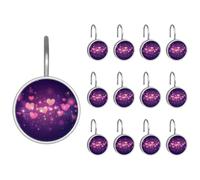 Confezione da 12 ganci decorativi per tenda da doccia per bagno, anelli decorativi in acciaio inox, ganci per aste da doccia e finestre, motivo a cuori rosa e viola, motivo bokeh e glitter