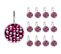 Confezione da 12 ganci decorativi per tenda da doccia per bagno, anelli decorativi in acciaio inox, ganci per aste da doccia, tende - Teschi e cuori vintage sfondo a scacchi nero e rosa