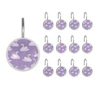 Confezione da 12 ganci per tenda da doccia, simpatici cigni su sfondo viola chiaro, resistenti, antiruggine, per bagno, asta da doccia, tende da finestra