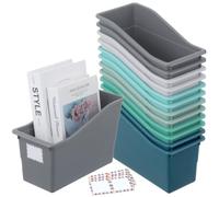 Confezione da 12 grandi contenitori per libri, resistenti, in plastica di qualità, con etichette, per scuola, biblioteca, ufficio, organizzazione desktop, libreria (colore moderno)
