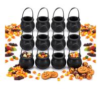 Confezione da 12 mini calderoni da strega per Halloween, 7 cm, in plastica nera, secchiello per caramelle con manico, per dolcetto o scherzetto, riempitivi per sacchetti di caramelle, decorazioni di
