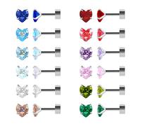 Confezione da 12 paia di orecchini a perno in acciaio inossidabile chirurgico con retro piatto a forma di cuore, stella, quadrato, lacrima, placcati oro, con zirconi cubici, 3 mm, Acciaio inossidabile
