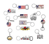 Confezione da 12 portachiavi in metallo New York Silver Souvenir Collection, include 3 apribottiglie, Empire State, Freedom Tower, statua della libertà bandiera USA, taxi di New York, mela e altro