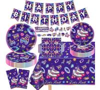 Confezione da 136 forniture per feste di pattinaggio a rotelle Let's Roll Forniture di compleanno Roller Skate Party Stoviglie e Banner Set per decorazioni per feste a tema Pattinaggio a tema Rotolo