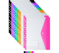 Confezione da 14 buste in plastica trasparente A4 perforate, 11 fori, espandibili, colorate, con bottone a pressione e tasca per etichette, per scuola, casa e ufficio