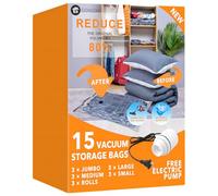 Confezione da 15 sacchetti sottovuoto con pompa elettrica (3 Jumbo, 3 grandi, 3 medi, 3 piccoli, 3 arrotolabili), sacchetti salvaspazio a compressione per coperte, trapunte, cuscini, vestiti
