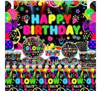 Confezione da 160 pezzi luminosi al neon per feste di compleanno, decorazioni luminose per feste, set di stoviglie tra cui piatti, sfondo, tovaglioli, tovaglie, tema neon, accessori per feste, 40