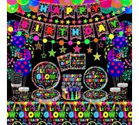 Confezione da 163 accessori luminosi per feste fluorescenti set di stoviglie per feste di compleanno al neon, decorazioni per feste di compleanno, tra cui piatti, striscioni, palloncini, tovaglie, a