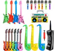 Confezione da 19 giocattoli gonfiabili Rock Star, 6 chitarre, 7 microfoni gonfiabili, 3 sassofono, 1 boom box, 1 telefono cellulare, 1 pompa ad aria per feste di carnevale, bomboniere rock and roll