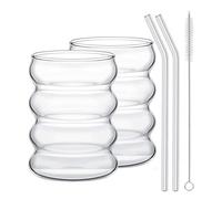 Confezione da 2/4 Bicchieri Tazze con Cannucce di Vetro Bicchieri da Caffè Ghiacciati a Coste Bicchieri di Vetro a Bolle a Forma di Onda Creativa Set di Vetrerie Vintage per Cocktail Bevande(2 pezzi)