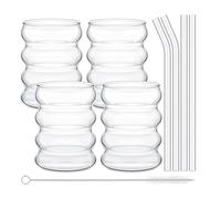 Confezione da 2/4 Bicchieri Tazze con Cannucce di Vetro Bicchieri da Caffè Ghiacciati a Coste Bicchieri di Vetro a Bolle a Forma di Onda Creativa Set di Vetrerie Vintage per Cocktail Bevande(4 pezzi)