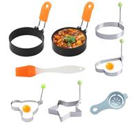 Confezione da 2 anelli grandi per uova per friggere, 8,9 cm, a forma di orso, stella, cuore e fiore, antiaderenti, con manici pieghevoli, include spazzola per olio e separatore per uova, senza BPA