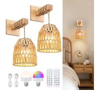 Confezione da 2 applique vintage boho con telecomando, applique senza fili, lampada da comodino in rattan RGB dimmerabile, illuminazione decorativa da parete intrecciata a mano