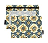 Confezione da 2 astucci a 3 anelli, con finestra trasparente, con cerniera, per cosmetici, scuola, ufficio, mattonelle in stile mediterraneo