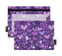Confezione da 2 astucci per matite per raccoglitori a 3 anelli, con finestra trasparente, astuccio con cerniera per ufficio, classe, materiale scolastico, motivo cuore viola, guerra