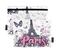 Confezione da 2 astucci per matite per raccoglitori a 3 anelli, con finestra trasparente con cerniera, astuccio per penne per ufficio, scuola, scuola, Parigi, pratico disegnato (1)