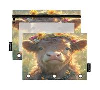Confezione da 2 astucci per matite per raccoglitori a 3 anelli, con finestrella trasparente, astuccio per cancelleria con cerniera, per scuola, ufficio, classe A, vitello delle Highland con corona di