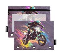 Confezione da 2 astucci per matite per raccoglitori a 3 anelli, con finestrella trasparente, con cerniera, per bambini, casa, viaggi, motocross, bici e fulmini