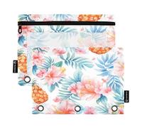 Confezione da 2 astucci per matite per raccoglitori a 3 anelli, portapenne, con finestra trasparente, con cerniera, per bambini, casa, viaggio, contenitore per conservare ananas e fiori ad acquerello